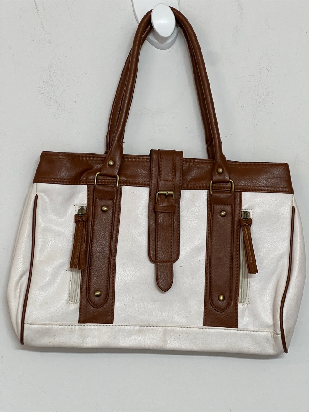 🌞 Vintage Classic White w/Brown Tote Bag Satchel tassels & zip up front Women